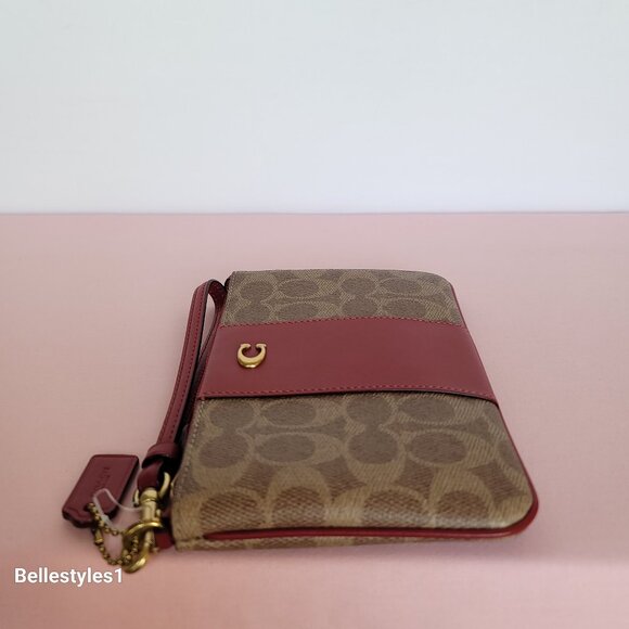 COACH Boxed Small Wristlet in Signature Canvas & Smooth Leather-Tan/Ruby color⭐ - Picture 11 of 16